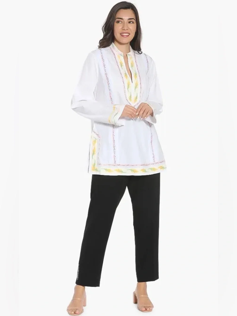 TORY BURCH WHITE COTTON FLORAL RIBBON EMBELLISHED EMBROIDERED TUNIC TOP